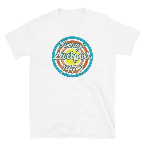 Vintage Liverpool Est. 1972 retro vintage grunge style design in turquoise, orange, pink and yellow tones for birthday gift ideas on this white cotton t-shirt