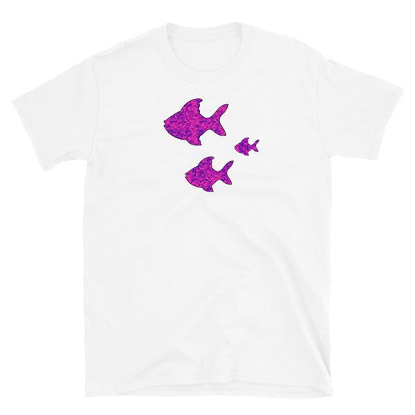 Group of 3 pink patterned fish on this white cotton t-shirt by BillingtonPix