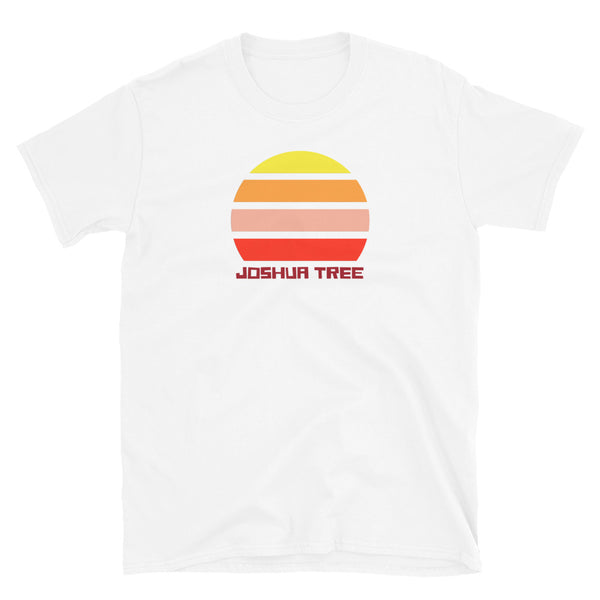 Joshua Tree California vintage sunset graphic t-shirt with a striped sun in yellow, orange, pink and scarlet and the name Joshua Tree underneath on this white t-shirt