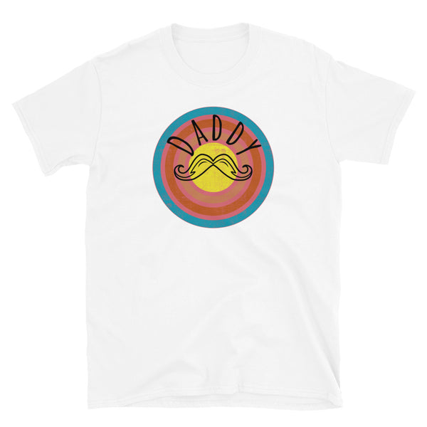 Gay daddy LGBT meme design with moustache graphic on a concentric retro vintage style graphic on this white cotton t-shirt
