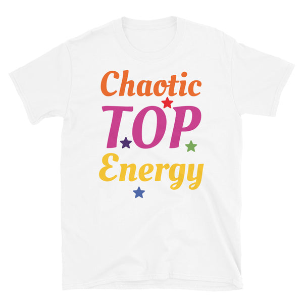 LGBT t-shirt with the slogan meme Chaotic Top Energy and stars all in the colours of the gay rainbow flag on this white cotton tee