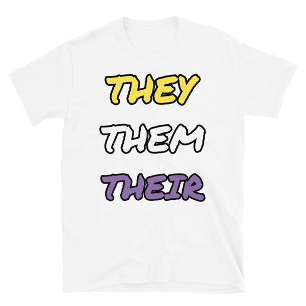 They They Their Non-binary slogan t-shirt in non binary colour scheme on this white cotton LGBT t-shirt
