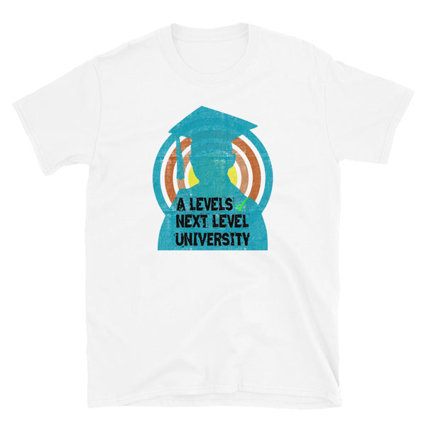 A Levels Sorted Next Level University gamer funny slogan graphic tee with distressed style turquoise mortar board silhouette person in front of a concentric circular design on this white cotton t-shirt by BillingtonPix