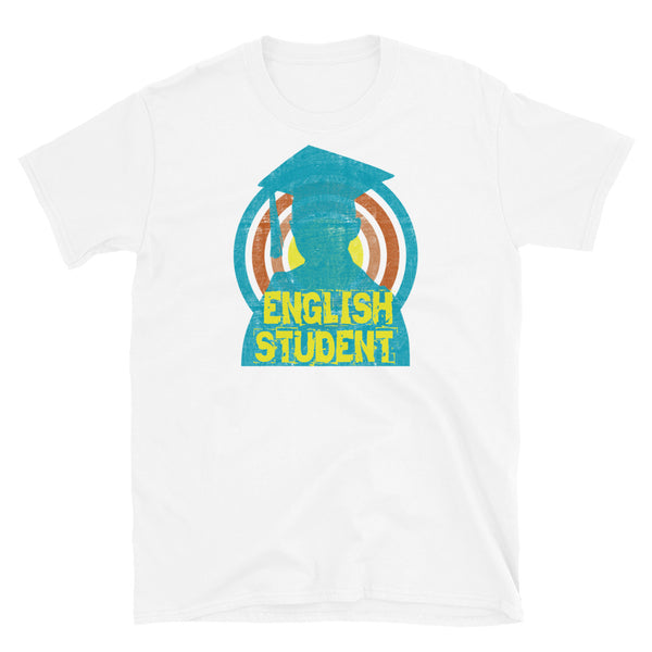 English Student novelty tee with a distressed style turquoise silhouetted student against a concentric circular design and the words English Student in bold yellow font on this white cotton fun graphic t-shirt by BillingtonPix