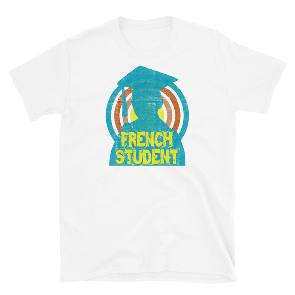 French Student novelty tee with a distressed style turquoise silhouetted student against a concentric circular design and the words French Student in bold yellow font on this white cotton fun graphic t-shirt by BillingtonPix