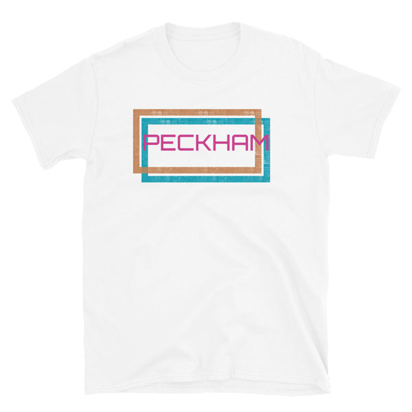 Peckham London neighbourhood in an offset double frame design of a blue and an orange distressed style framing on this white cotton t-shirt by BillingtonPix