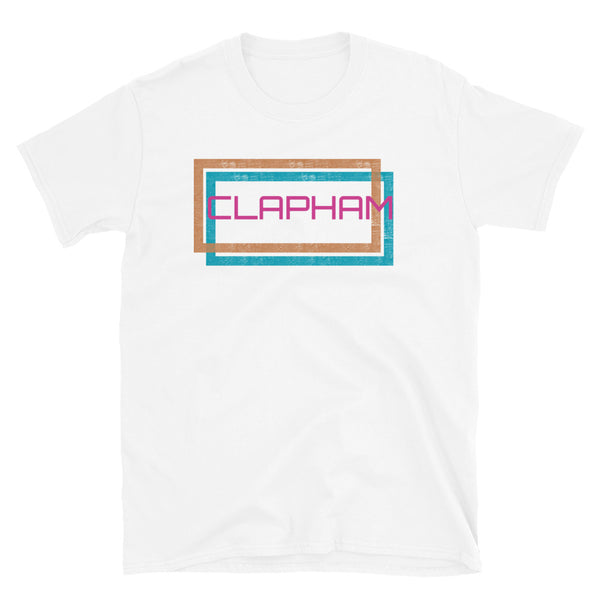 Retro futuristic disco style Clapham London neighbourhood in an offset double frame design of a blue and an orange distressed style framing on this white cotton t-shirt by BillingtonPix