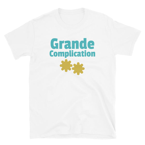 Grande Complication watch geek and watch lovers t-shirt written in bold blue font with orange cog wheels on this white cotton t-shirt by BillingtonPix