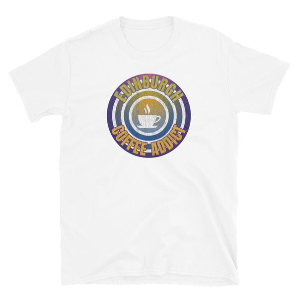 Concentric circular design of retro 80s metallic colours and the slogan Edinburgh Coffee Addict with a coffee cup silhouette in the centre. Distressed and dirty style image for a vintage Retrowave look on this white cotton t-shirt by BillingtonPix
