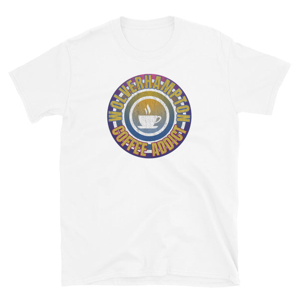 Concentric circular design of retro 80s metallic colours and the slogan Wolverhampton Coffee Addict with a coffee cup silhouette in the centre. Distressed and dirty style image for a vintage Retrowave look on this white cotton t-shirt by BillingtonPix