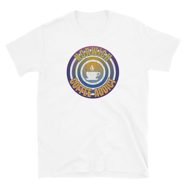 Concentric circular design of retro 80s metallic colours and the slogan Norwich Coffee Addict with a coffee cup silhouette in the centre. Distressed and dirty style image for a vintage Retrowave look on this white cotton t-shirt by BillingtonPix