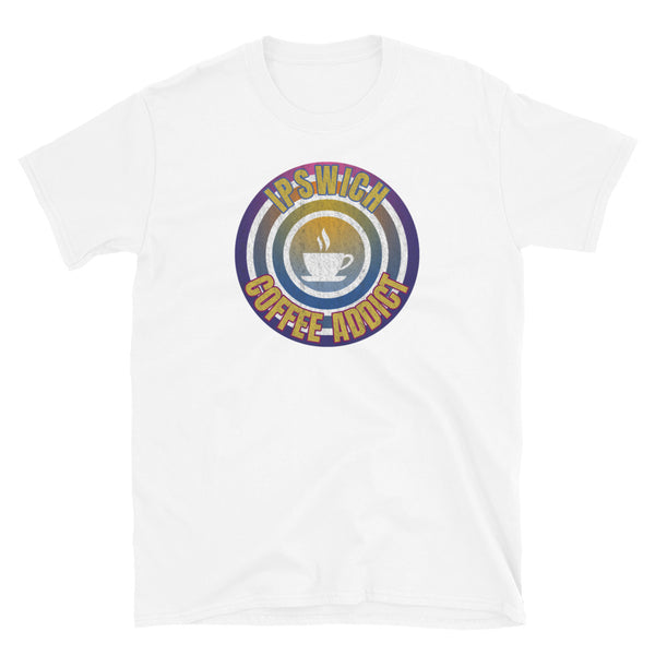 Concentric circular design of retro 80s metallic colours and the slogan Ipswich Coffee Addict with a coffee cup silhouette in the centre. Distressed and dirty style image for a vintage Retrowave look on this white cotton t-shirt by BillingtonPix