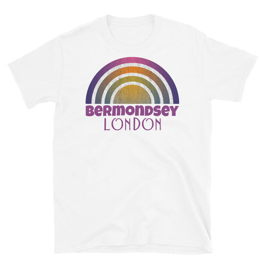 Retrowave 80s style graphic design t shirt depicting the London neighbourhood of Bermondsey on this white cotton t-shirt