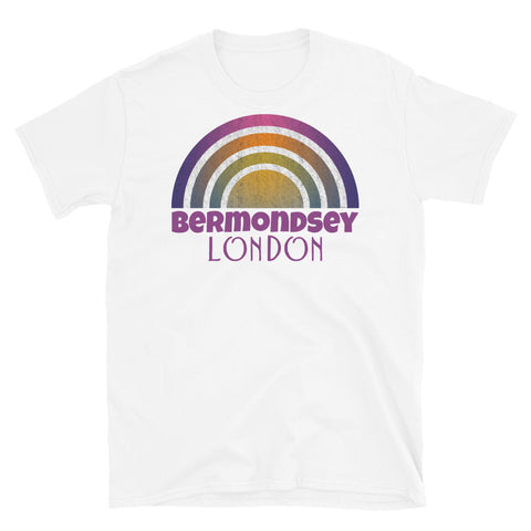 Retrowave 80s style graphic design t shirt depicting the London neighbourhood of Bermondsey on this white cotton t-shirt