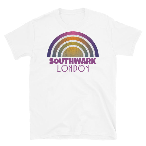 Retrowave 80s style graphic vintage sunset design t shirt depicting the London neighbourhood of Southwark on this white cotton t-shirt