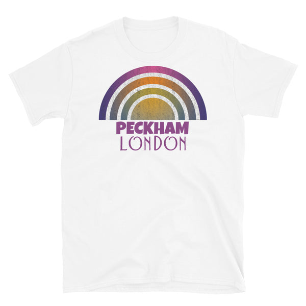 Retrowave 80s style graphic vintage sunset design t shirt depicting the London neighbourhood of Peckham on this white cotton t-shirt