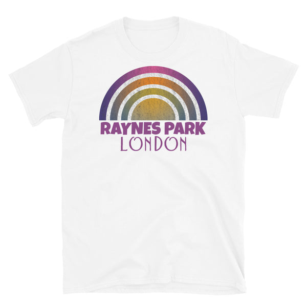 Retrowave 80s style graphic vintage sunset design t shirt depicting the London neighbourhood of Raynes Park on this white cotton t-shirt