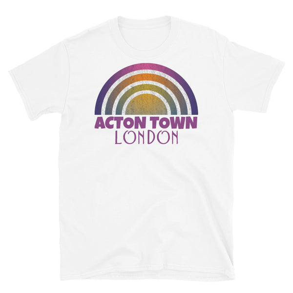 Retrowave 80s style graphic vintage sunset design t shirt depicting the London neighbourhood of Acton Town on this white cotton t-shirt