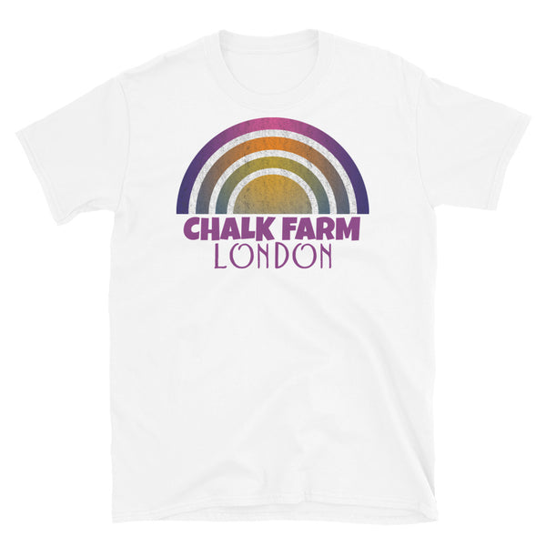 Retrowave 80s style graphic vintage sunset design t shirt depicting the London neighbourhood of Chalk Farm on this white cotton t-shirt