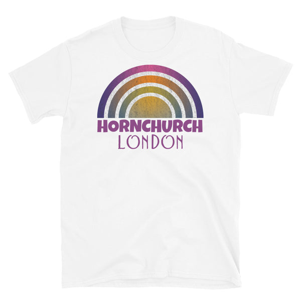 Retrowave 80s style graphic vintage sunset design t shirt depicting the London neighbourhood of Hornchurch on this white cotton t-shirt