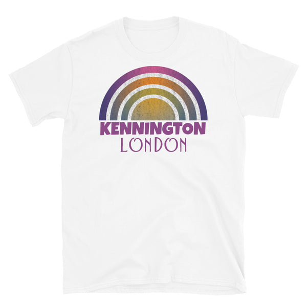 Retrowave 80s style graphic vintage sunset design t shirt depicting the London neighbourhood of Kennington on this white cotton t-shirt