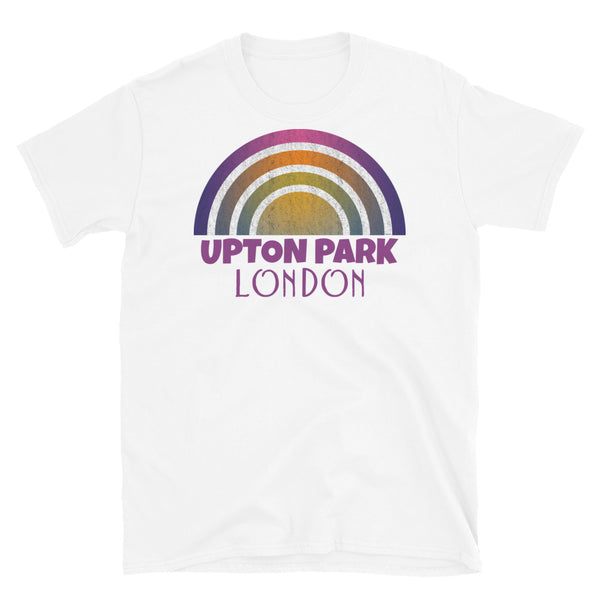 Retrowave 80s style graphic vintage sunset design t shirt depicting the London neighbourhood of Upton Park on this white cotton t-shirt