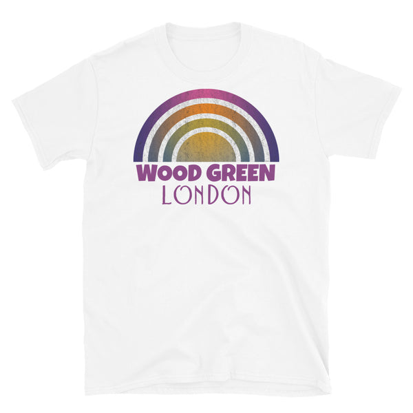Retrowave 80s style graphic vintage sunset design t shirt depicting the London neighbourhood of Wood Green on this white cotton t-shirt