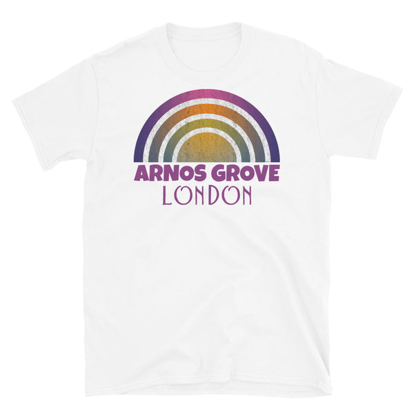 Retrowave 80s style graphic vintage sunset design t shirt depicting the London neighbourhood of Arnos Grove on this white cotton t-shirt