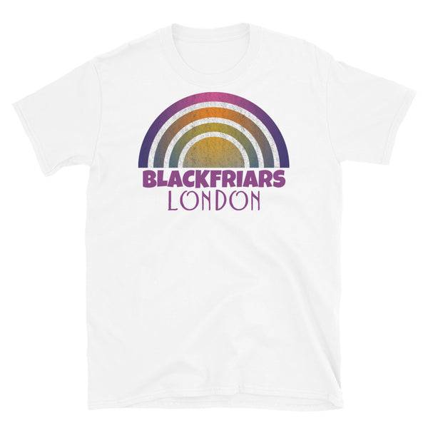Retrowave 80s style graphic vintage sunset design t shirt depicting the London neighbourhood of Barkingside on this white cotton t-shirt