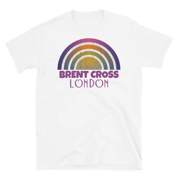 Retrowave 80s style graphic vintage sunset design t shirt depicting the London neighbourhood of Brent Cross on this white cotton t-shirt