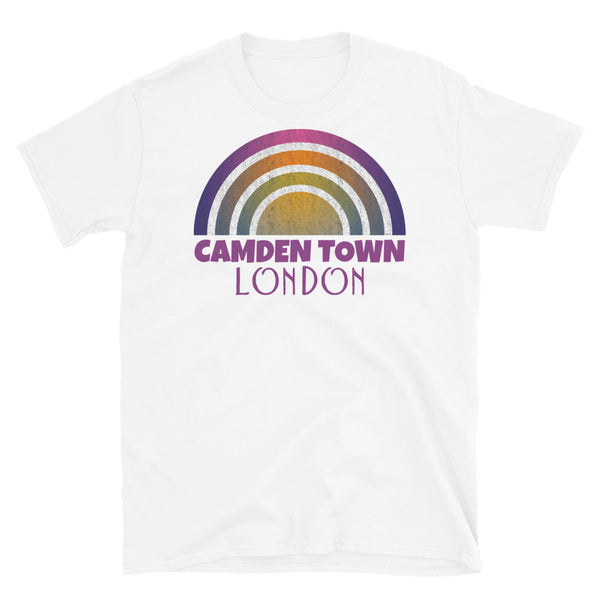 Retrowave 80s style graphic vintage sunset design t shirt depicting the London neighbourhood of Camden Town on this white cotton t-shirt