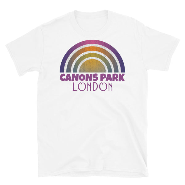 Retrowave 80s style graphic vintage sunset design t shirt depicting the London neighbourhood of Canons Park on this white cotton t-shirt