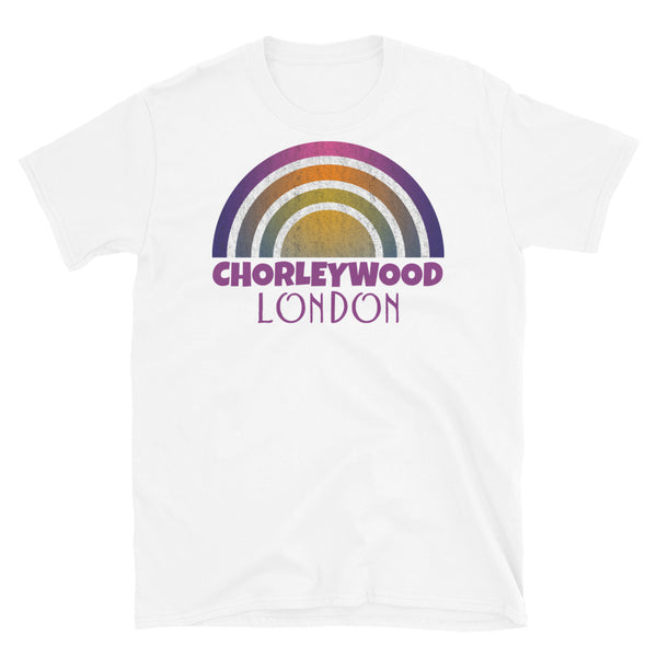 Retrowave 80s style graphic vintage sunset design t shirt depicting the London neighbourhood of Chorleywood on this white cotton t-shirt