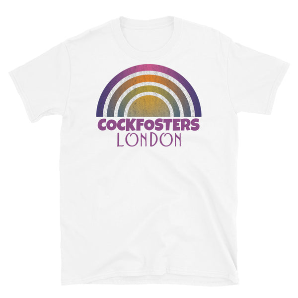Retrowave 80s style graphic vintage sunset design t shirt depicting the London neighbourhood of Cockfosters on this white cotton t-shirt
