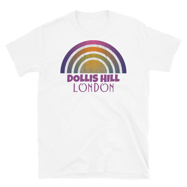 Retrowave 80s style graphic vintage sunset design t shirt depicting the London neighbourhood of Dollis Hill on this white cotton t-shirt