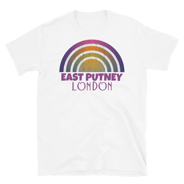 Retrowave and Vaporwave 80s style graphic vintage sunset design t shirt depicting the London neighbourhood of East Putney on this white cotton t-shirt