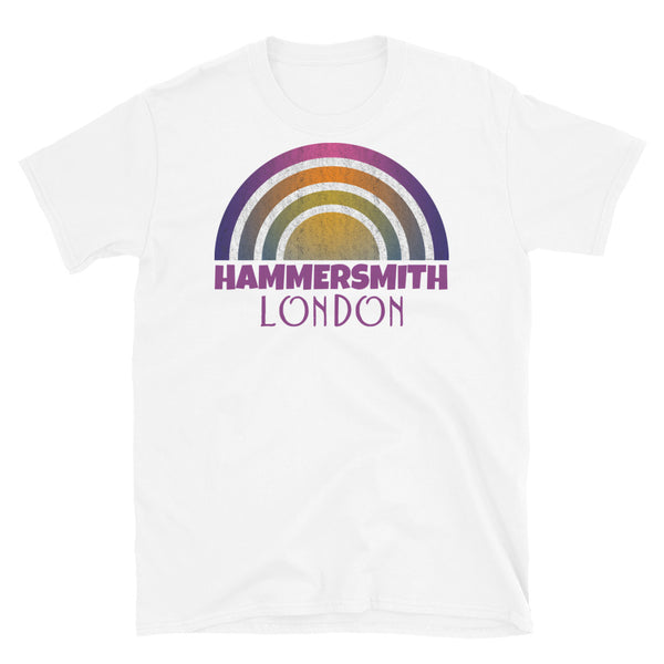 Retrowave and Vaporwave 80s style graphic vintage sunset design tee depicting the London neighbourhood of Hammersmith on this white cotton t-shirt