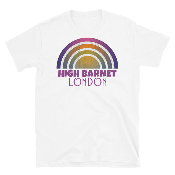 Retrowave and Vaporwave 80s style graphic vintage sunset design tee depicting the London neighbourhood of High Barnet on this white cotton t-shirt