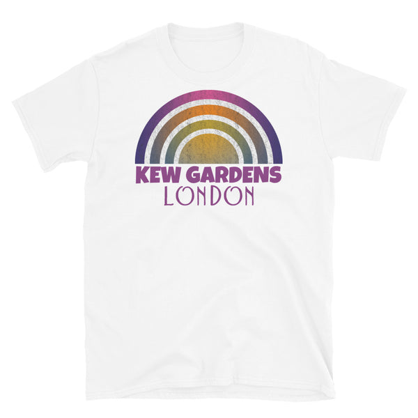 Retrowave and Vaporwave 80s style graphic vintage sunset design tee depicting the London neighbourhood of Kew Gardens on this white cotton t-shirt