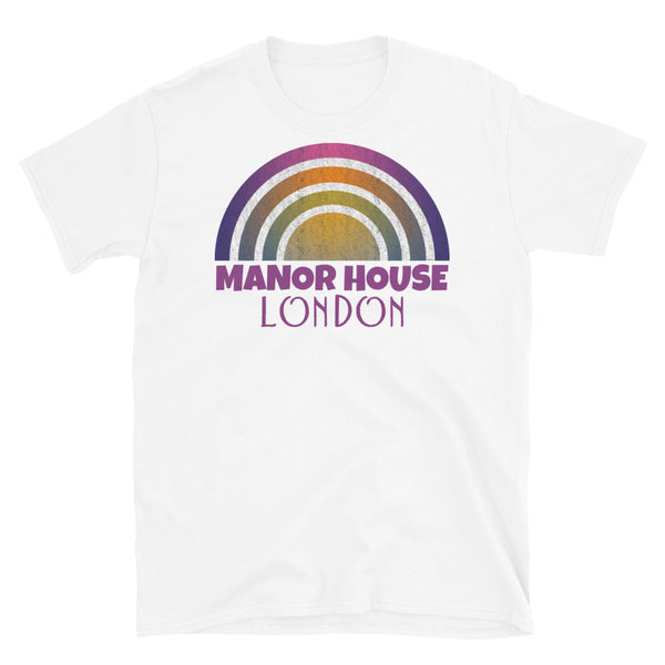 Retrowave and Vaporwave 80s style graphic vintage sunset design tee depicting the London neighbourhood of Manor House on this white cotton t-shirt