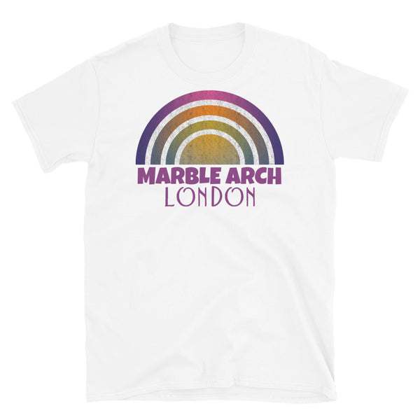 Retrowave and Vaporwave 80s style graphic vintage sunset design tee depicting the London neighbourhood of Marble Arch on this white cotton t-shirt