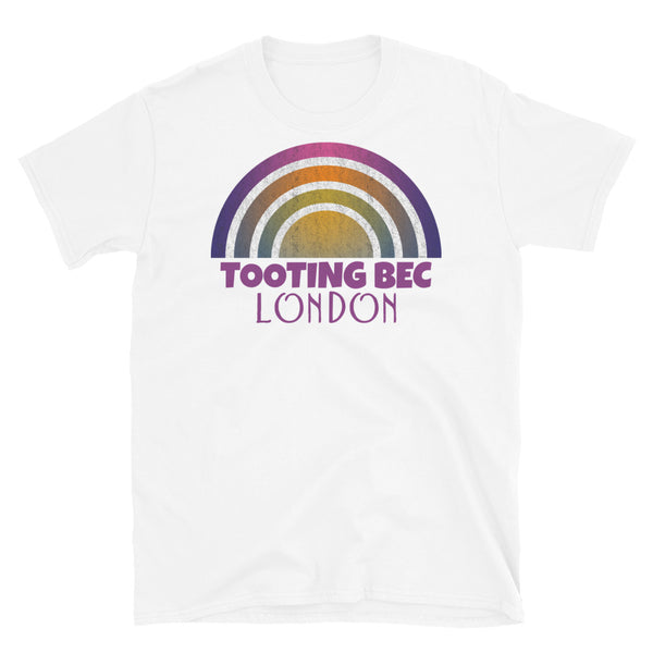 Retrowave and Vaporwave 80s style graphic vintage sunset design tee depicting the London neighbourhood of Tooting Bec on this white cotton t-shirt