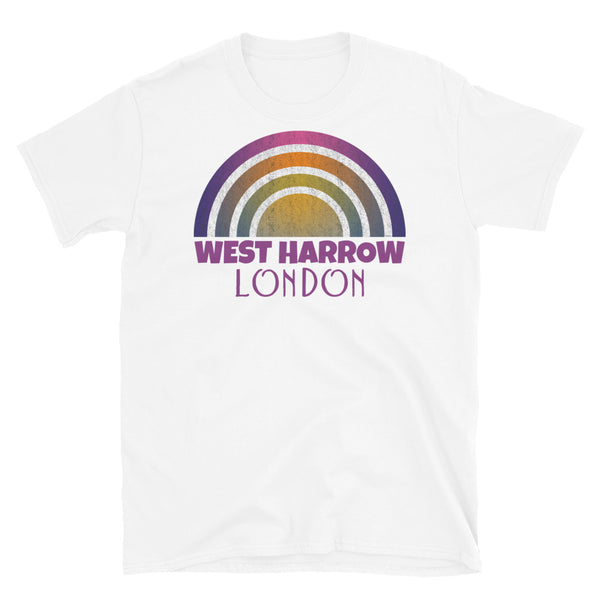 Retrowave and Vaporwave 80s style graphic vintage sunset design tee depicting the London neighbourhood of West Harrow on this white cotton t-shirt