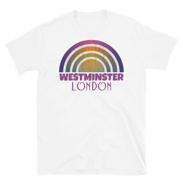 Retrowave and Vaporwave 80s style graphic vintage sunset design tee depicting the London neighbourhood of Westminster on this white cotton t-shirt