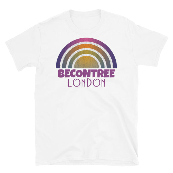 Retrowave and Vaporwave 80s style graphic vintage sunset design tee depicting the London neighbourhood of Becontree on this white cotton t-shirt