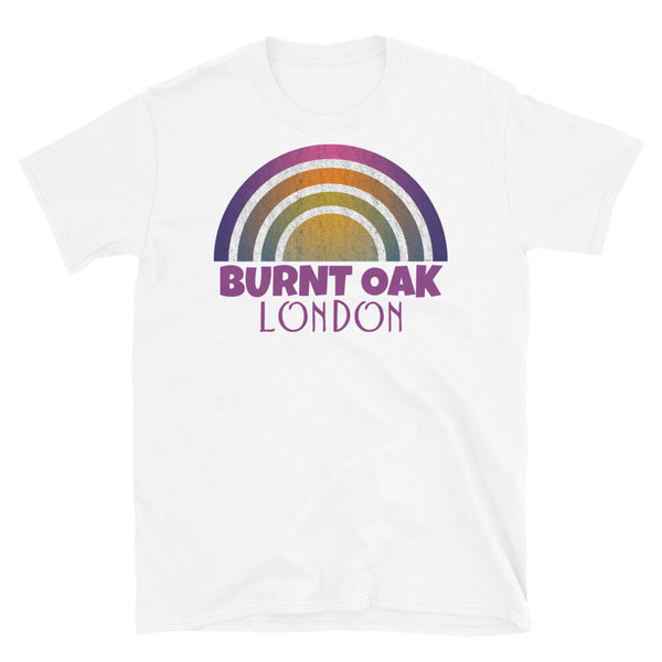 Retrowave and Vaporwave 80s style graphic vintage sunset design tee depicting the London neighbourhood of Burnt Oak on this white cotton t-shirt