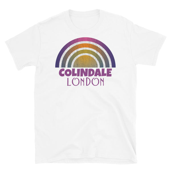 Retrowave and Vaporwave 80s style graphic vintage sunset design tee depicting the London neighbourhood of Colindale on this white cotton t-shirt