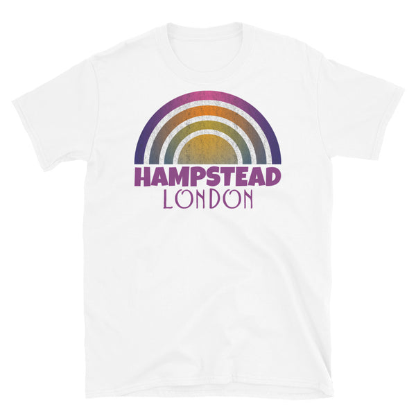 Retrowave and Vaporwave 80s style graphic vintage sunset design tee depicting the London neighbourhood of Hampstead on this white cotton t-shirt