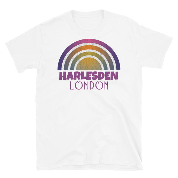 Retrowave and Vaporwave 80s style graphic vintage sunset design tee depicting the London neighbourhood of Harlesden on this white cotton t-shirt