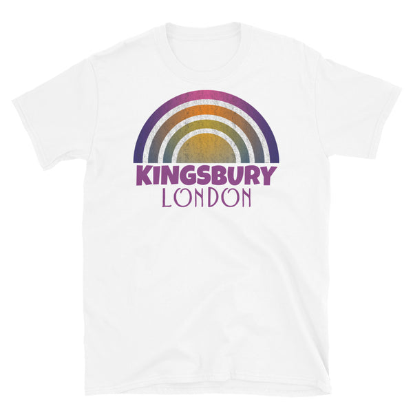 Retrowave and Vaporwave 80s style graphic vintage sunset design tee depicting the London neighbourhood of Kingsbury on this white cotton t-shirt